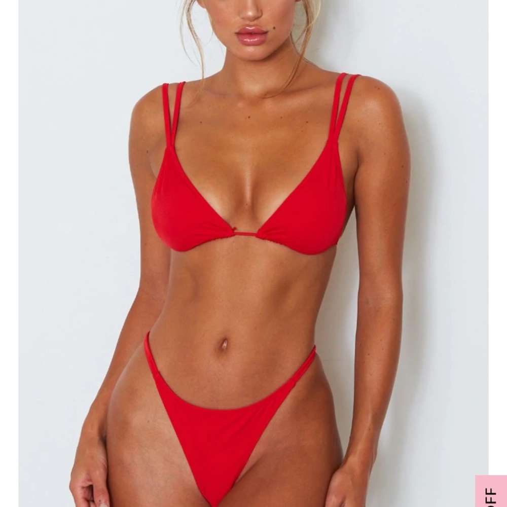 Red bikini. Double string top and cheeky bottoms.